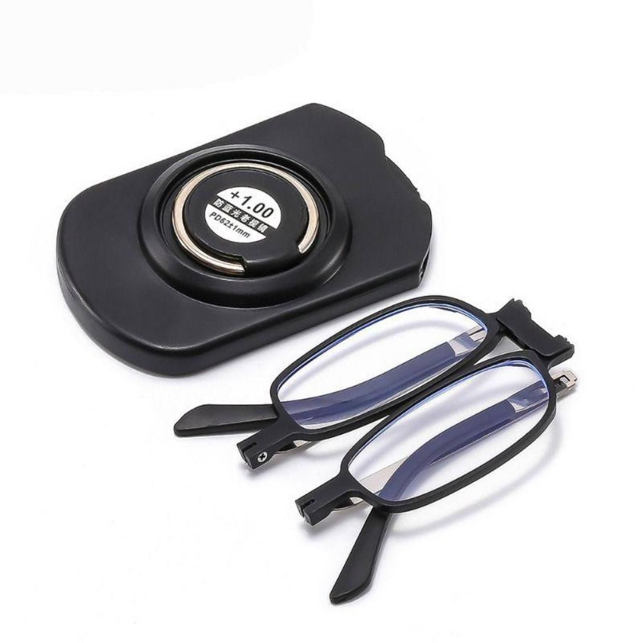 Pair of folding eyeglasses with a black case on a white background