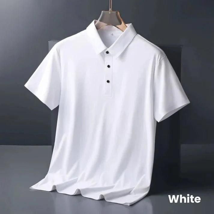 White polo shirt on a hanger against a dark background