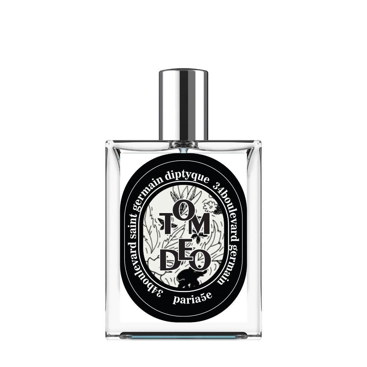 Diptyque perfume bottle with black label on a white background