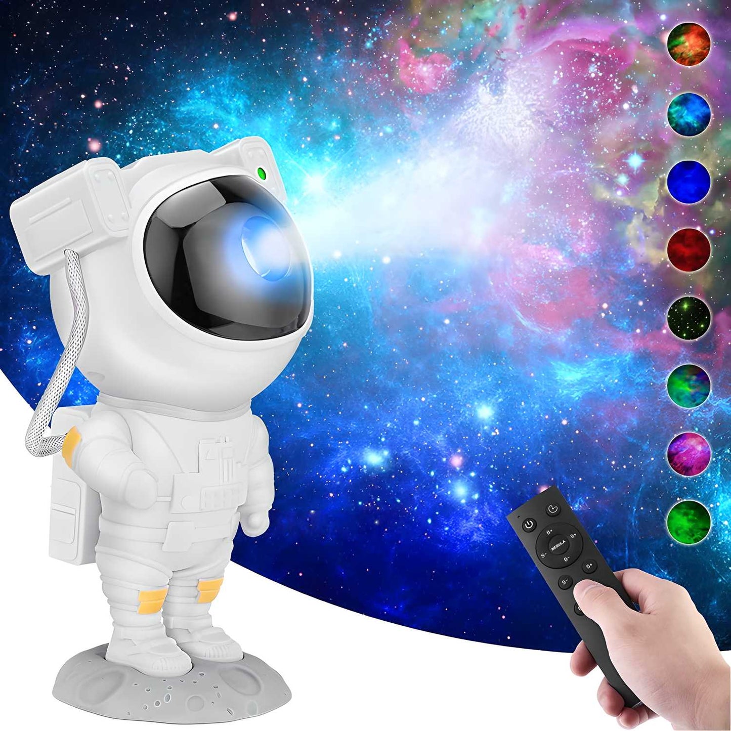 Astronaut lamp with remote control against a colorful galaxy background