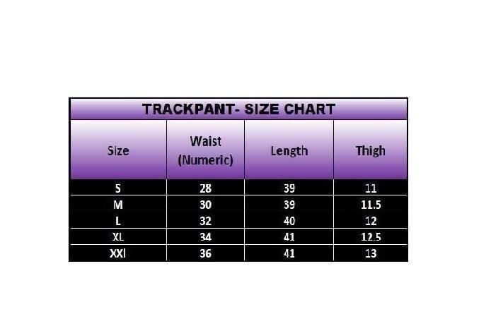 Track pants size chart with measurements for waist, length, and thigh on a white background.