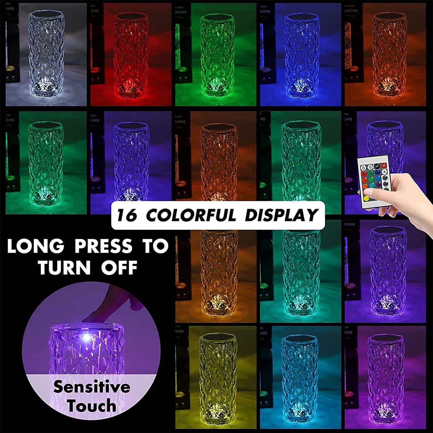 Colorful LED glass with remote control and various color displays.